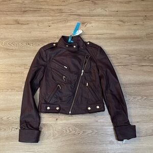 Truth & Pride Women Burgundy Leather Cropped Biker Moto Leather Jacket NWT
